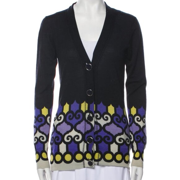 Tory Burch Wool Cardigan Purple Yellow Off-White Black Print Sweater XS - Picture 1 of 7